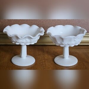 Set 2 Vintage Westmoreland Milk Glass Fluted w Round Pedestal Grapevine Pattern